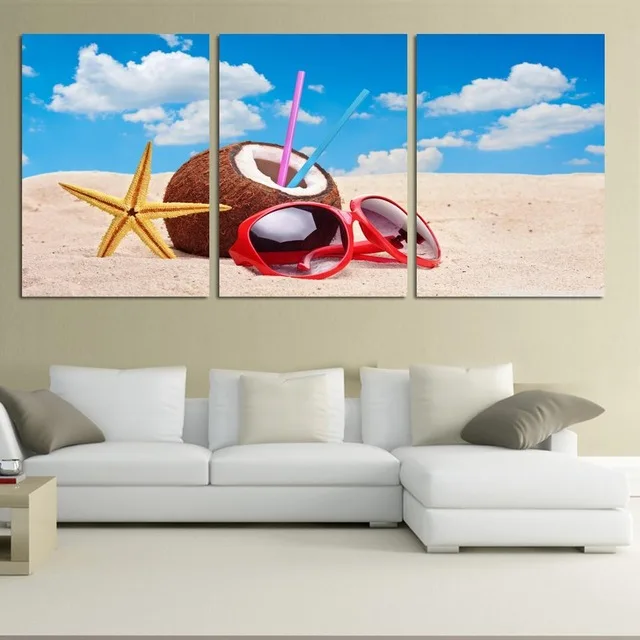 

Hot Sell Summer Sea Beach Modern Wall Painting Coconut Sea Star Glasses Wall Pictures Blue Sky Sand Modular Canvas Paintings