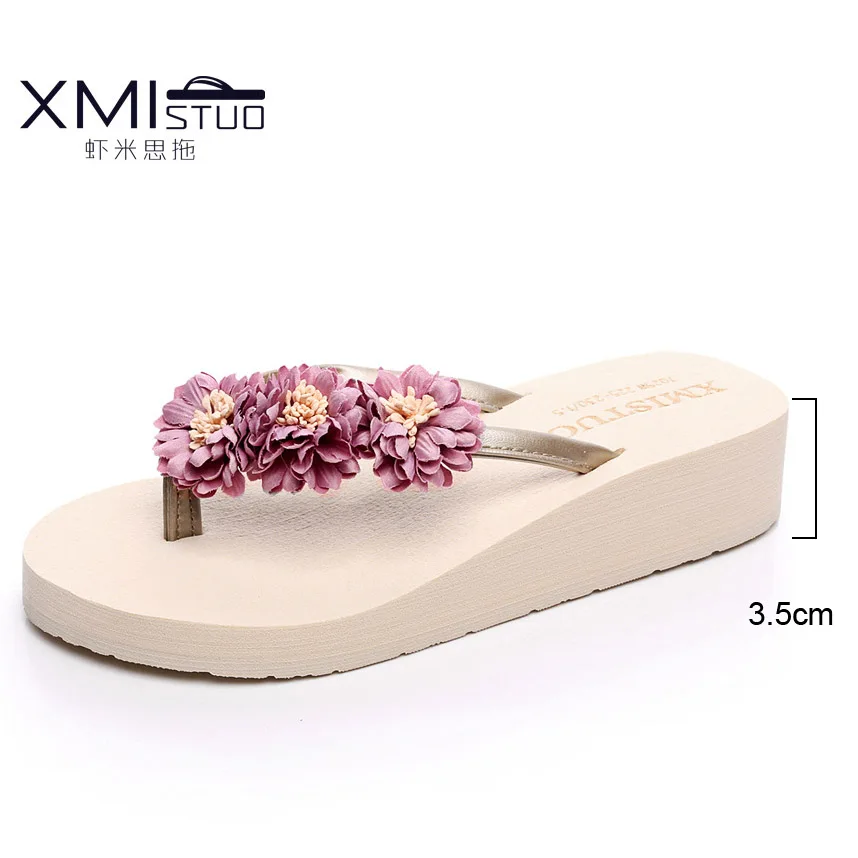 Chanclas de mujer/шлепанцы на платформе с цветами; женская летняя пляжная обувь; женские шлепанцы на танкетке и высоком каблуке; женские вьетнамки