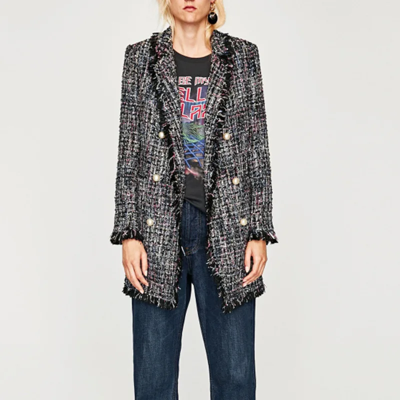 

2019 Spring Women Good Quality Vintage Tweed Blazers Ladies Notched Collar Pearl Button Long Coat Ryal Outwear