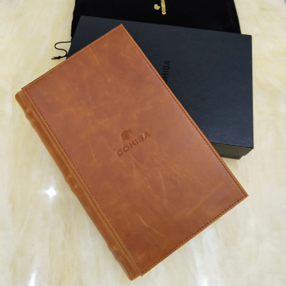 

COHIBA Elegant Book Design Cedar Wood Cigar Humidor Box Portable Leather Cigar Travel Case With Cutter Humidifier Hygrometer