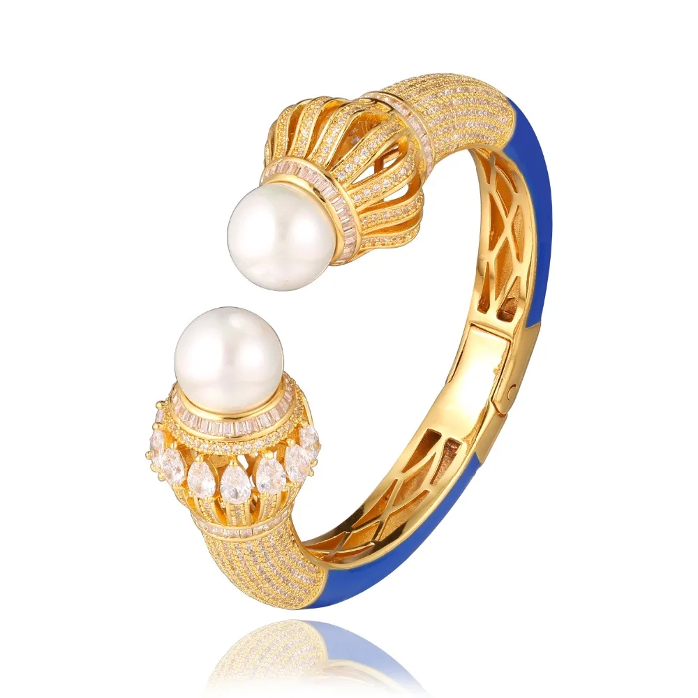 

GrayBirds Luxury Cuff Bangle Shell Pearl With High Quality AAA CZ Wedding Jewelry For Women Flower White Red Blue MLB038
