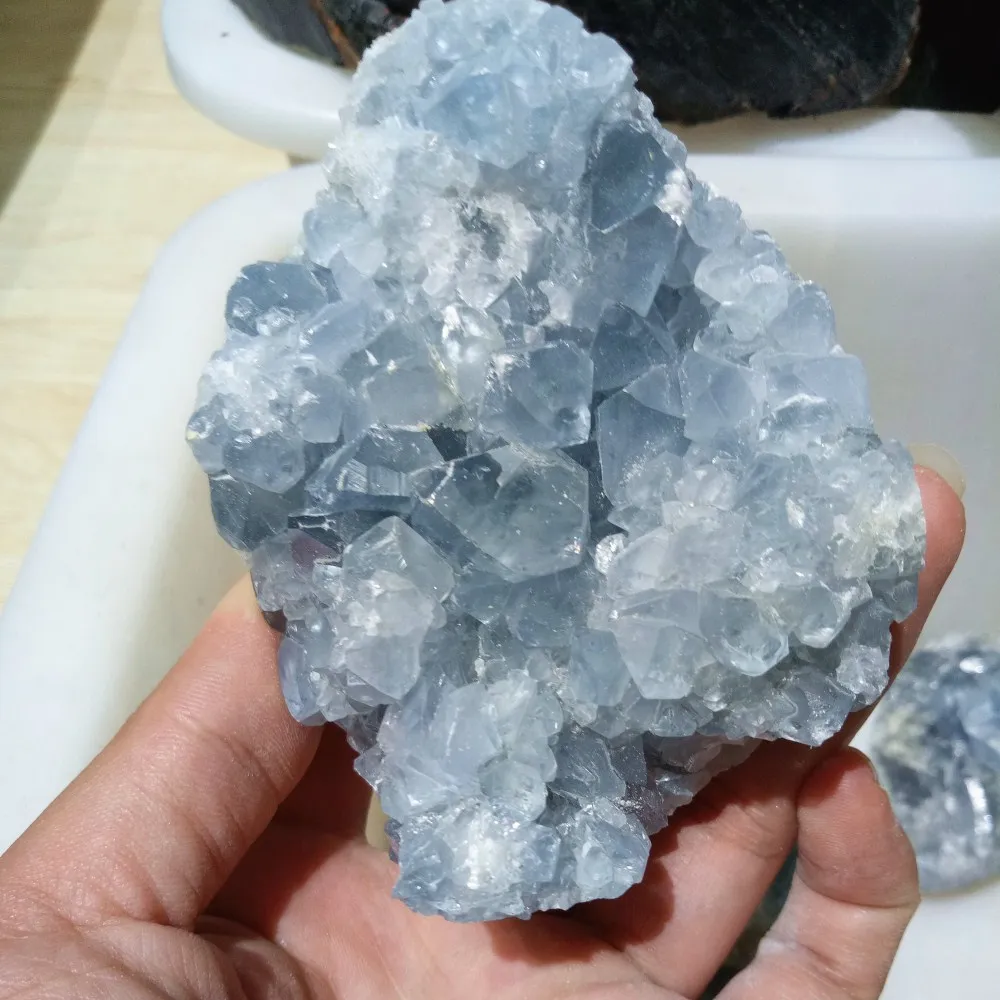 

390g Natural rough blue Crystal geode cluster Specimen raw gemstone quartz hole Mineral cluster healing fengshui decor