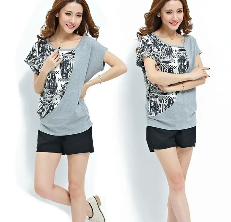 Футболка женская с рукавом летучая мышь повседневный топ принтом серого цвета