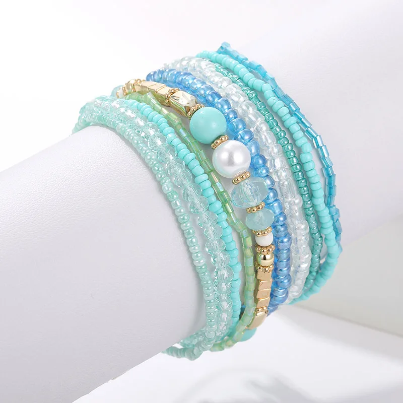 10 pcs/lot Boho Multi layer Imitation Pearl Crystal Glass Beaded Elastic Bracelets Bangles Set for Women Wedding Party Gifts|Браслеты с