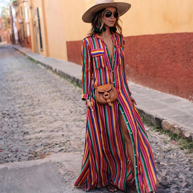 VIEUNSTA Винтаж в радужную полоску Boho Maxi Dress Для женщин кнопку сбоку Разделение длинное платье Повседневное отложной воротник осенние платья 3XL