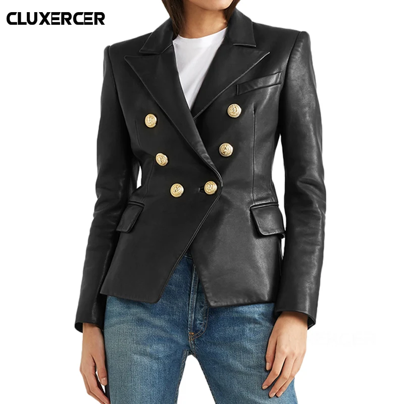 

2019 New High Street Style Faux Leather Jacket Women Autumn Winter Long Sleeve Double Breasted Slim Black Biker Jacket Outerwear