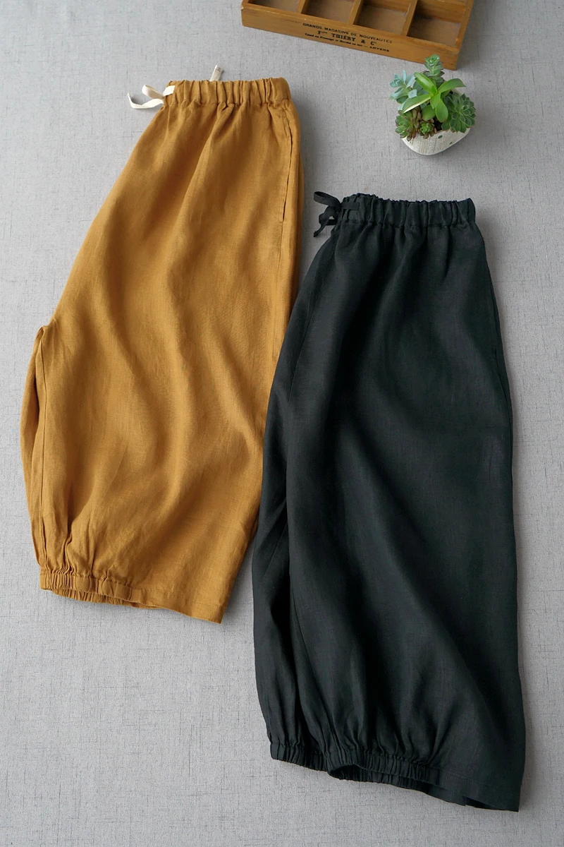 

Spring Summer Women All-match Loose Comfortable Soft Water Washed Linen Trousers Elastic Waist Pants 2 Colors