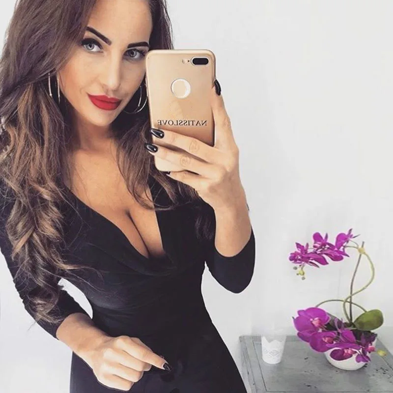 Long Sleeve Bodysuit Women V-neck Sexy Fashion Black Pink Khaki Solid Bodycon Female Body 2019 Spring Autumn | Женская одежда
