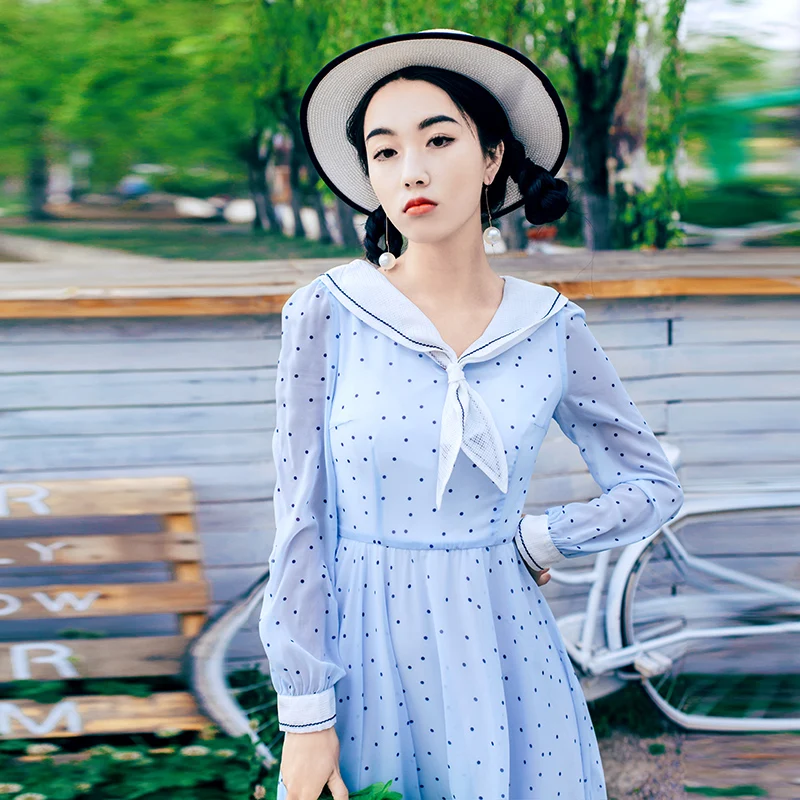 Женское шифоновое платье миди винтажное в горошек с длинным рукавом и свободным