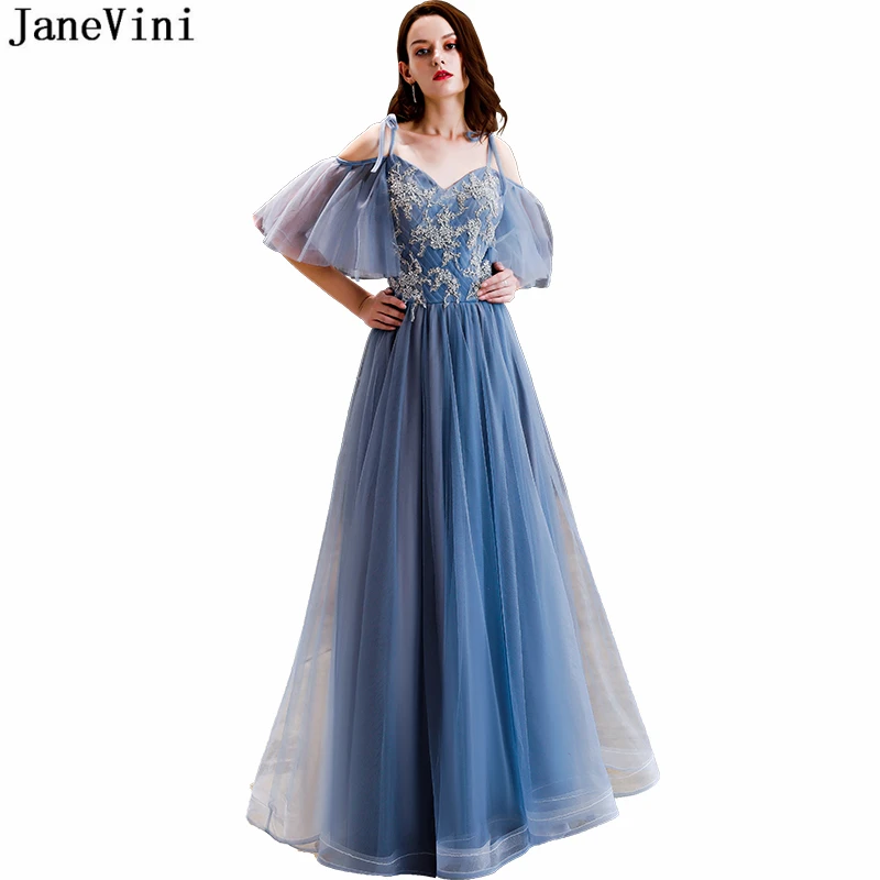 Элегантное голубое легкое длинное платье jaevini на бретелях спагетти с аппликацией