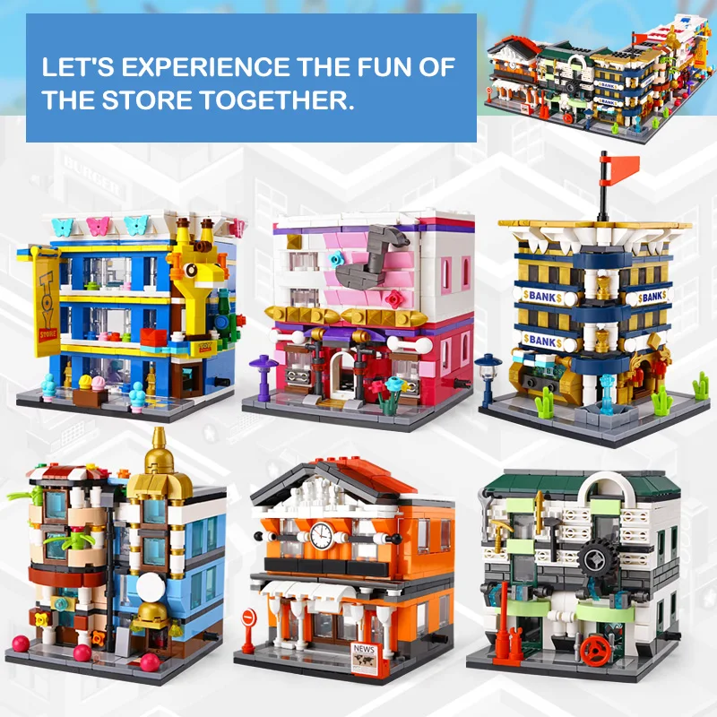 DHL 6 комплектов Panlos Toys серия уличных зданий автостанция гараж городской банк