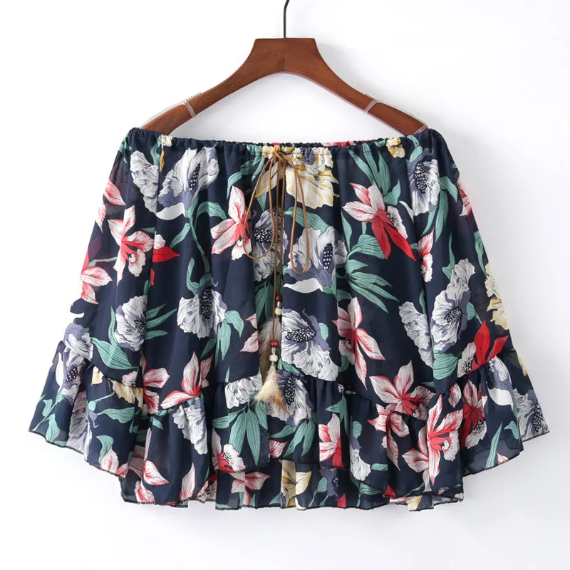 Slash шеи с плеча Бич Повседневные принты футболки для Для женщин Harajuku Топ