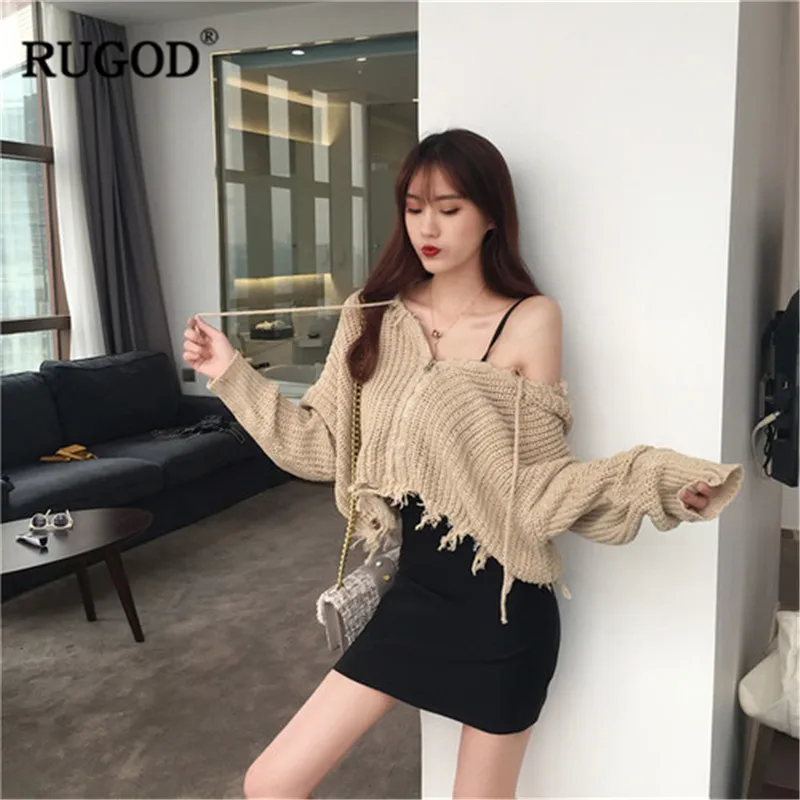 ROGUD 2019 Autumn Vintage Women Loose Off Shoulder Sweater Ladies Solid Tassel Cardigans swetry damskie |