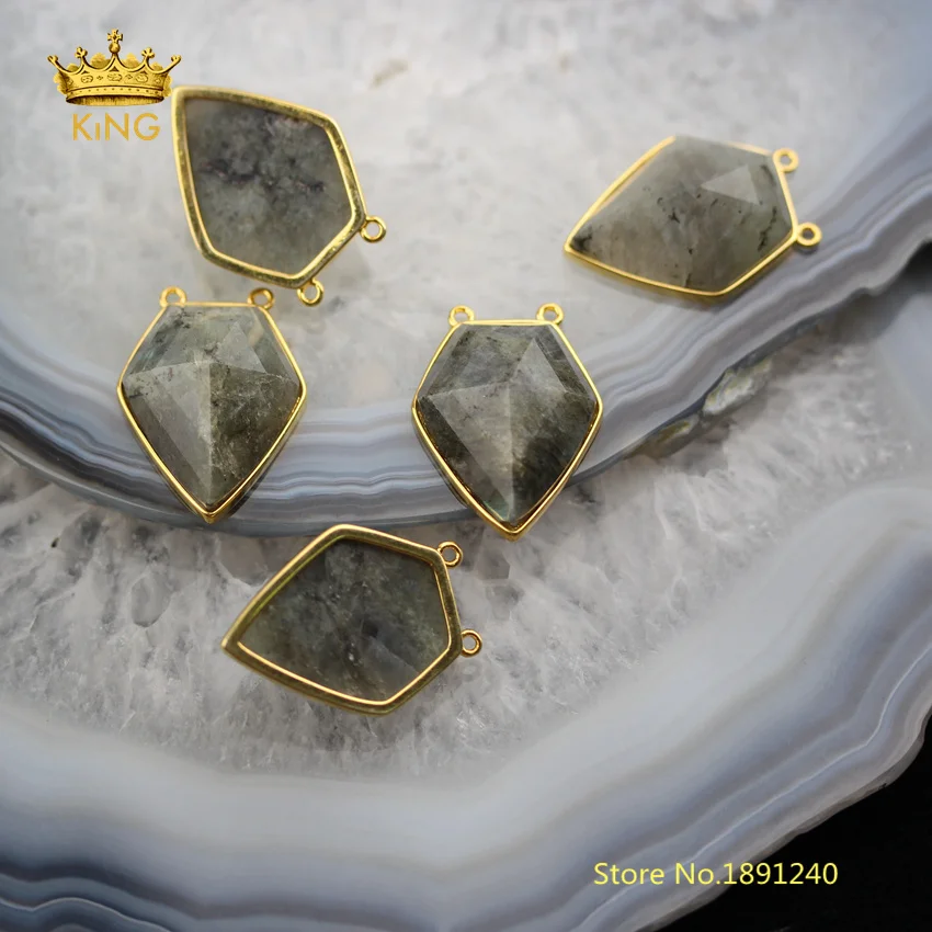 

5pcs Faceted Pentagon Stones Charms Double Links Pendants Jewelry,Natural Labradorite Plated Gold Copper Connectors Crafts HS14