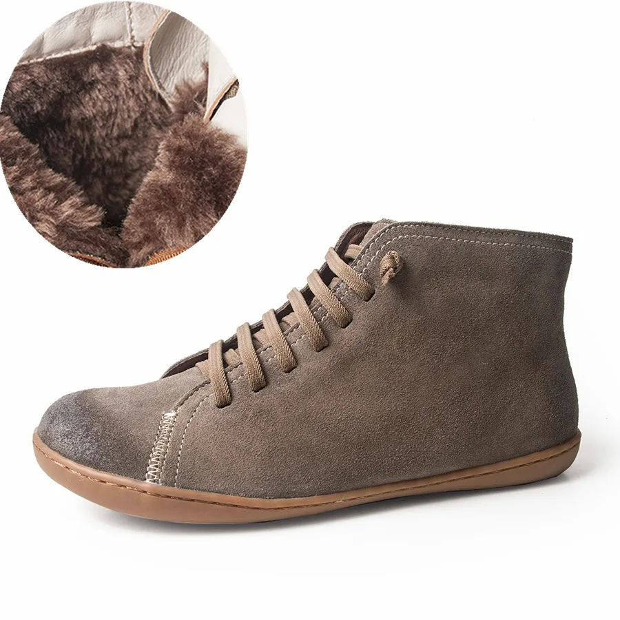 Light gray suede fur Мужские зимние ботинки из натуральной кожи, Весенняя мужская обувь на плоской подошве, короткие коричневые ботинки с мехом, мужские ботинки на шнуровке - Цвет: Light gray suede fur