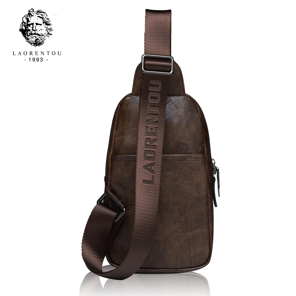 Мужская нагрудная сумка LAORENTOU черная кожаная мессенджер через плечо