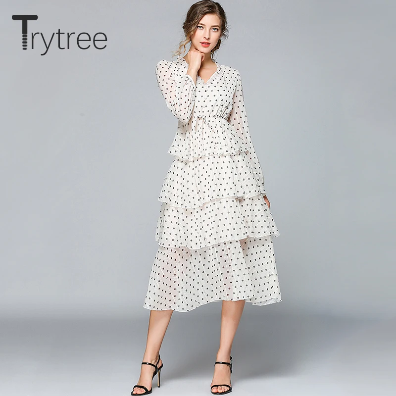 Trytree 2019 лето осень повседневное элегантное платье в горошек Плиссированное с v