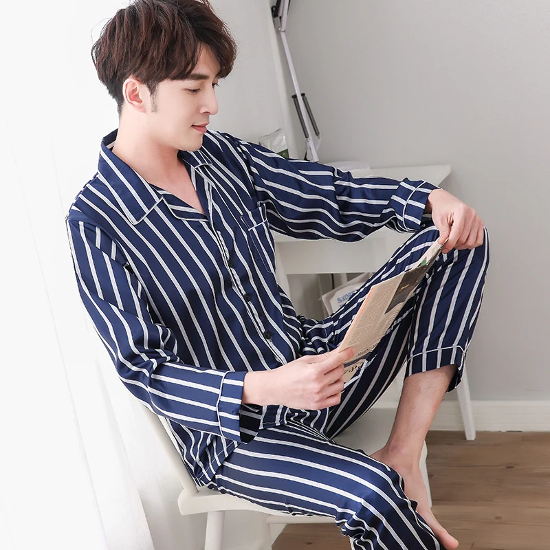 2019 Spring Striped Men's Pajamas Long Sleeve 2 Pcs Home Suit Male Satin Nightwear Silk Casual Sleepwear Pyjama Homme 3XL | Мужская