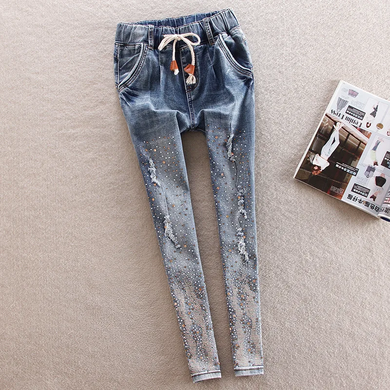 Women Diamond Drilled Jeans Female Broken Hole Feet Pencil Pants Long Drawstring With Rhinestone Harem For Woman |