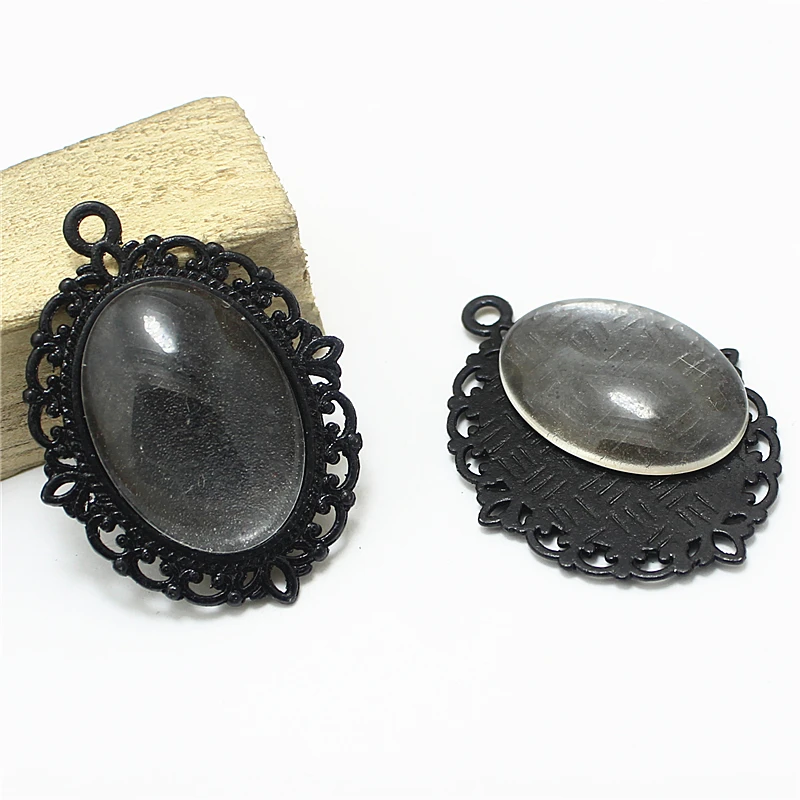 

Sweet Bell 10set black filigree cameo cabochon 30*40mm (Fit 18*25mm Dia) base setting pendant tray+clear glass cabochon