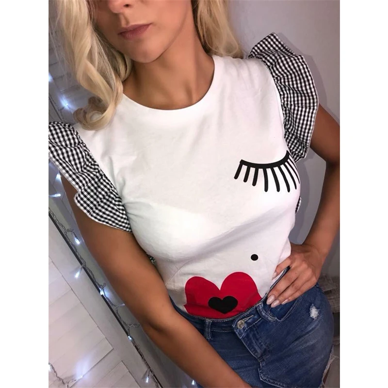 2019 женские топы летние с оборками коротким рукавом рубашка Повседневная