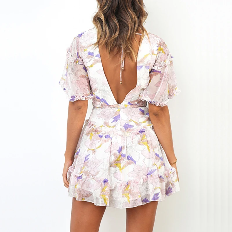 Сексуальное шифоновое платье с v-образным вырезом и воланом женское летнее
