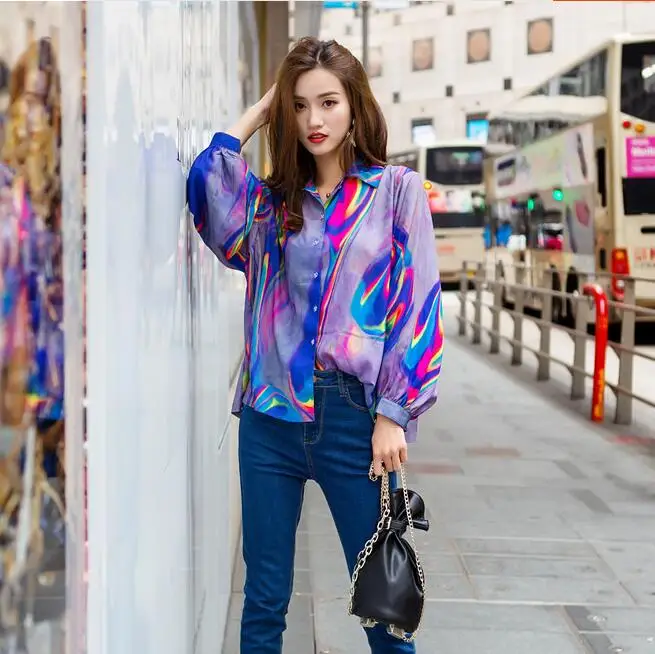 

Holographic blouse Women shirt Print laser Blouse Long sleeve Spring