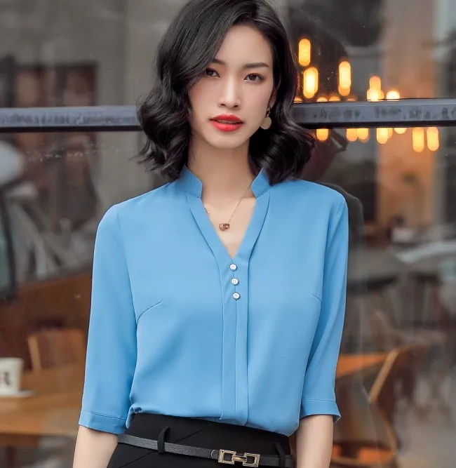 Light blue Модная женская рубашка с рукавом средней длины, повседневная, для работы, элегантная, v-образный вырез, для деловых встреч, формальная шифоновая блузка, для офиса, для леди, топы размера плюс - Цвет: Light blue