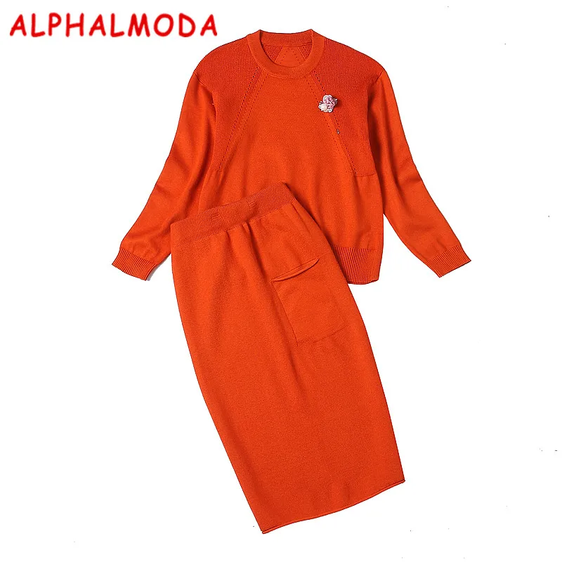 [ALPHALMODA] зимний женский свитер с длинными рукавами и юбка, комплект из 2 предметов, изящная Цветочная Брошь, карман, юбка, элегантные комплекты
