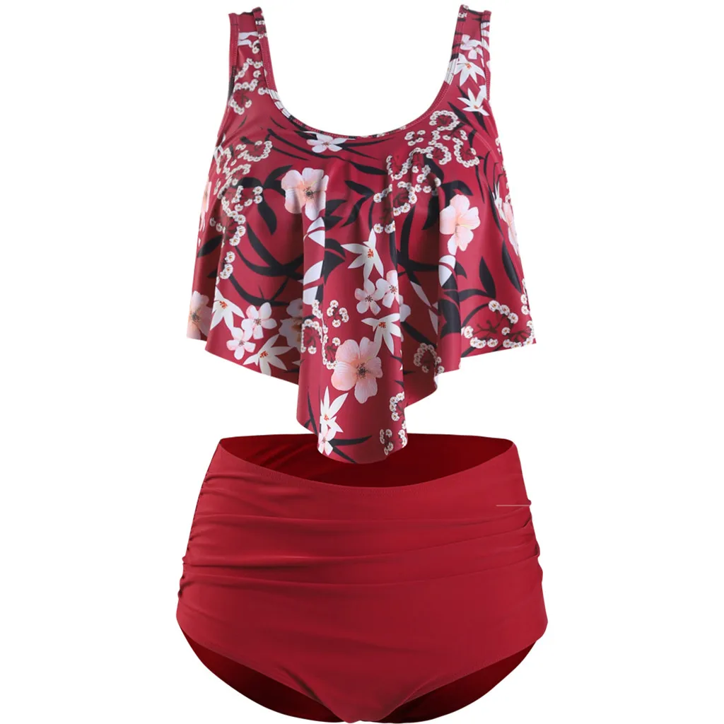 Женский летний пляжный купальник из двух частей с оборками и высокой талией плюс