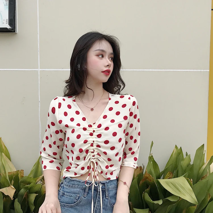 Милые blusas модные брендовые женские летние блузы в горошек рубашки уличном стиле