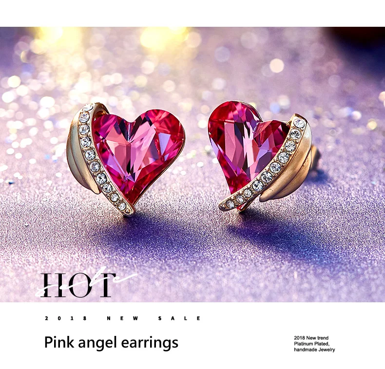 Cdyle, женские золотые серьги, украшенные розовыми кристаллами от Swarovski, ангел, красивые серьги-гвоздики, ювелирные изделия на День святого Валентина, подарки для любви