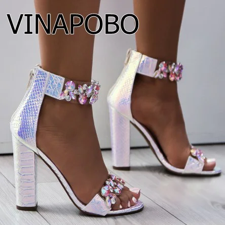 VINAPOBO/ г.; роскошные женские босоножки со стразами на квадратном каблуке; туфли-лодочки на молнии; сандалии на массивном каблуке; женская летняя пикантная обувь на толстом каблуке