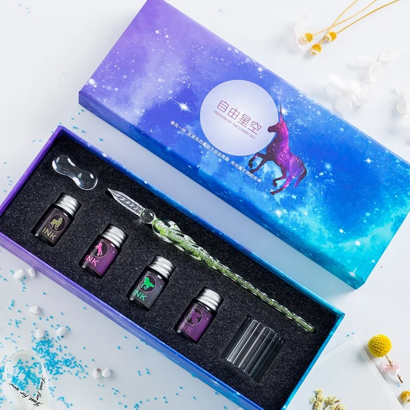 Middle box E JUGAL прозрачная стеклянная ручка звездное небо Dip Ручка Блеск порошок ручка чернила Подарочная коробка набор пишущий инструмент перьевая Dip Ручка подарочная коробка - Цвет: Middle box E