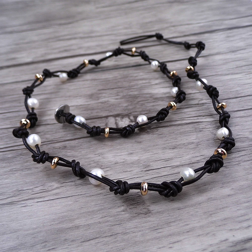 White freshwater pearl bracelet GOLD beads Leather bead wrap yoga jewelry bohemian boho | Украшения и аксессуары