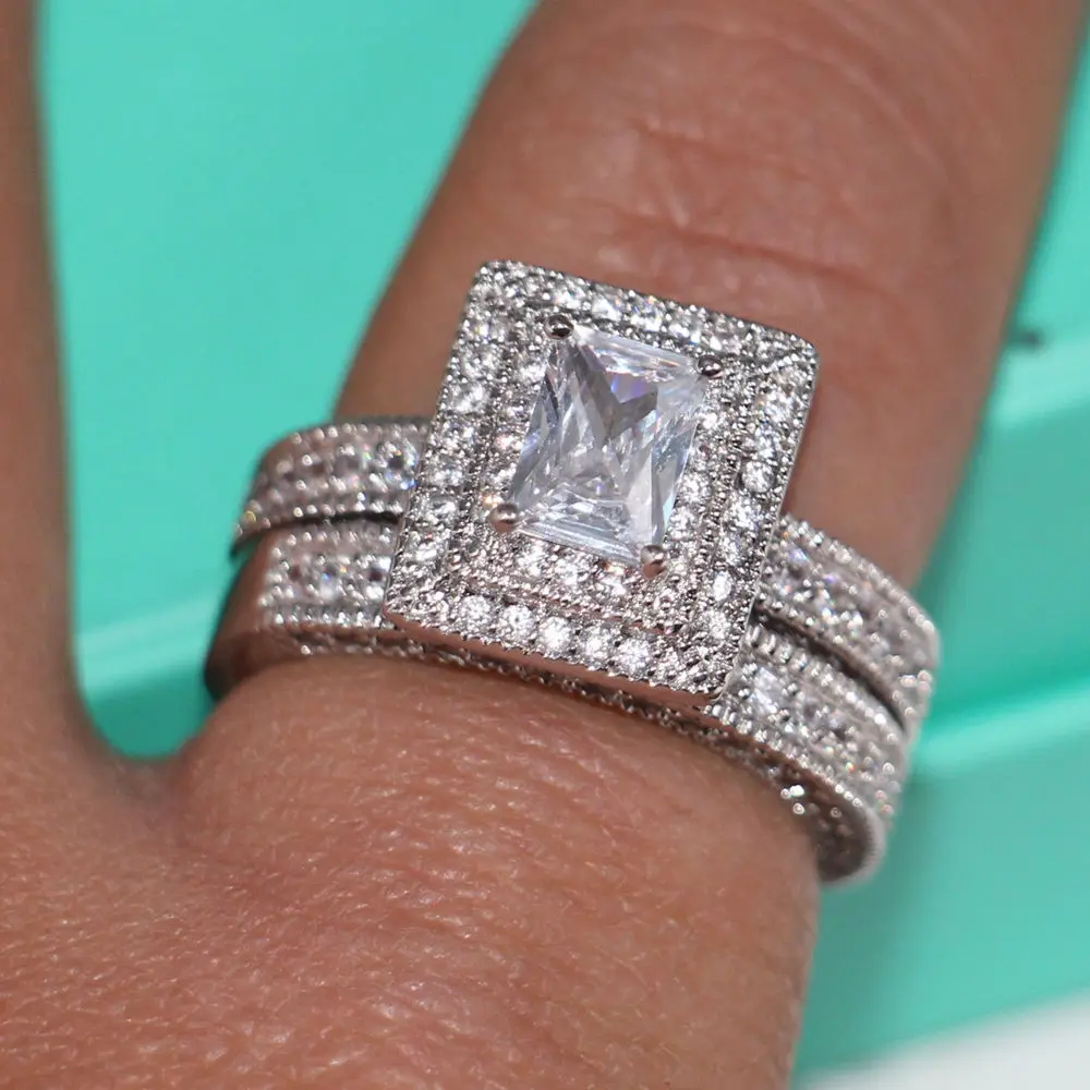 Винтажное обручальное кольцо с фианитом 4 карата 14 карат|ring set|princess cutwhite gold |