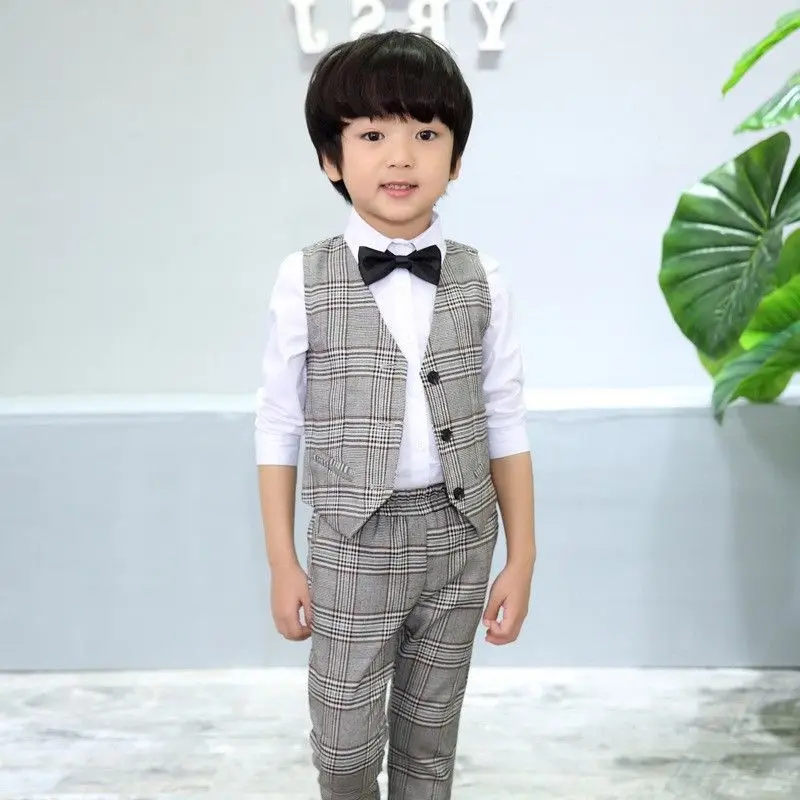 New Kids Boys 3PCS Formal Plaid Wedding Suit Kids England Style Blazer+Pant+Waistcoat Suit for Boys Kids Party Costume