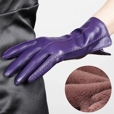 purple Высококачественные кожаные женские модные зимние Бархатные Теплые Перчатки кораллового цвета, женские перчатки для вождения с сенсорным экраном, варежки - Цвет: purple