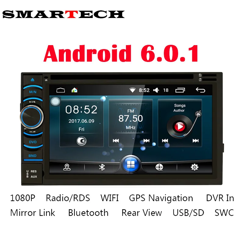 Smartech dvd плеер автомобиля Универсальный 2din Радио GPS Android 6.0.1 HD Сенсорный экран 4 ядра