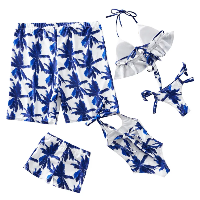Coconut Tree Print Swimsuit Mommy And Me One Piece Mom And Daughter Bikini Set Family Look Swimwear Men Boy Dad Son Beach Shorts