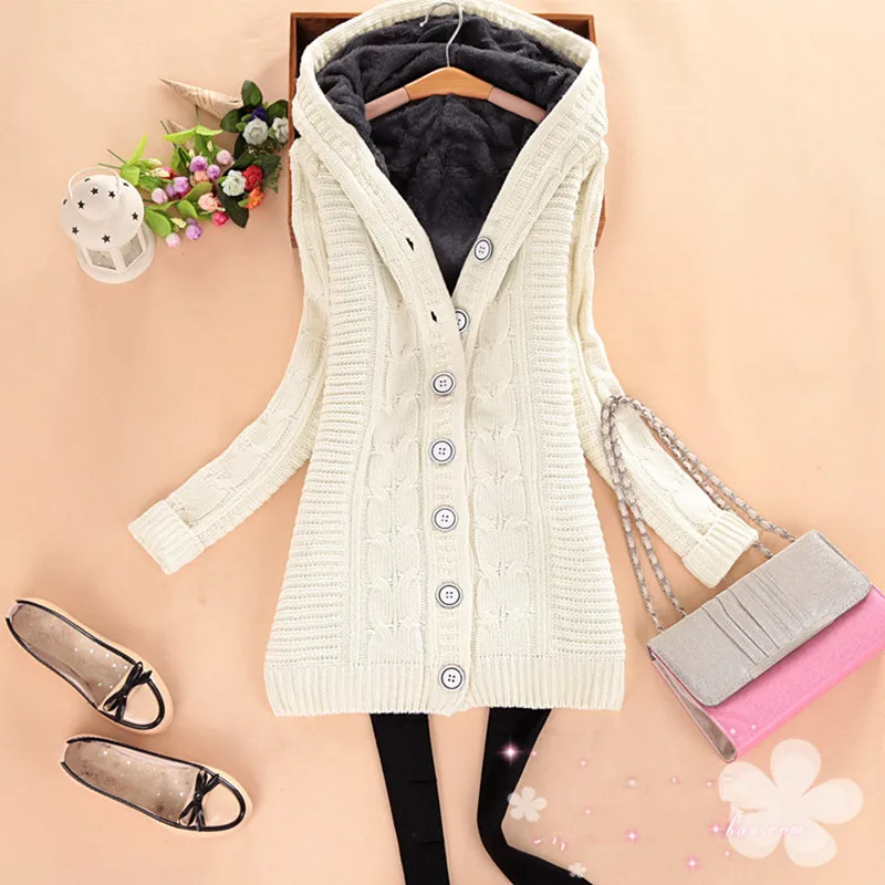 Женский теплый флисовый кардиган однотонный свободный трикотажный с капюшоном и