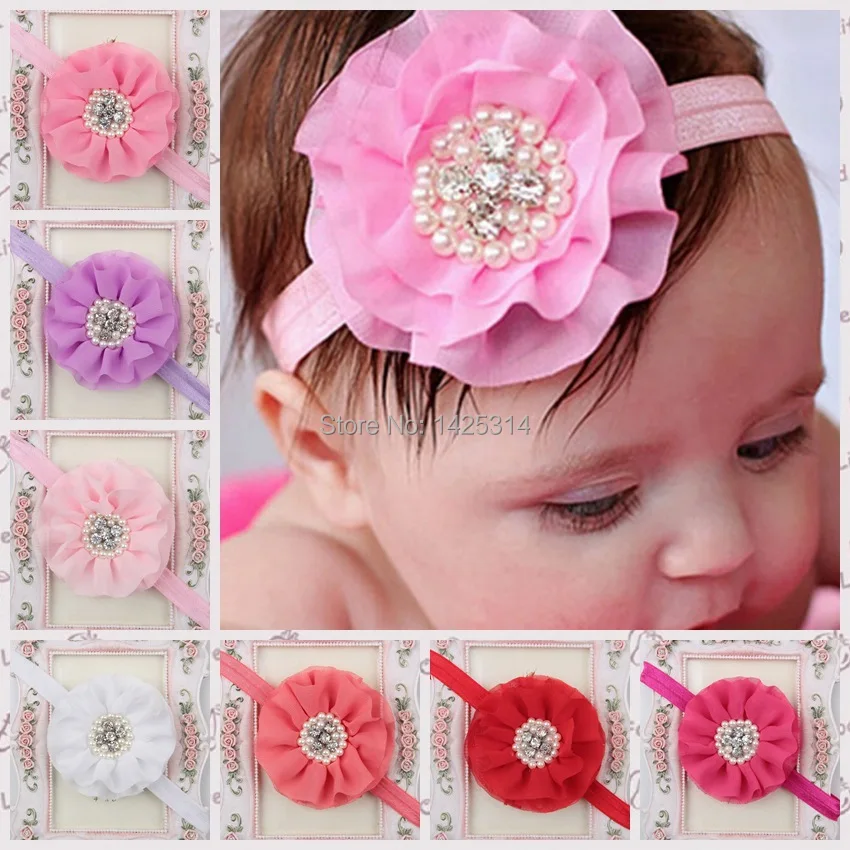 

Chiffon Flower Kids Headbands Shinning Pearls Diamonds Girls Hair Accessories Newborn Headwear Bebes Tiara hairband 15pcs