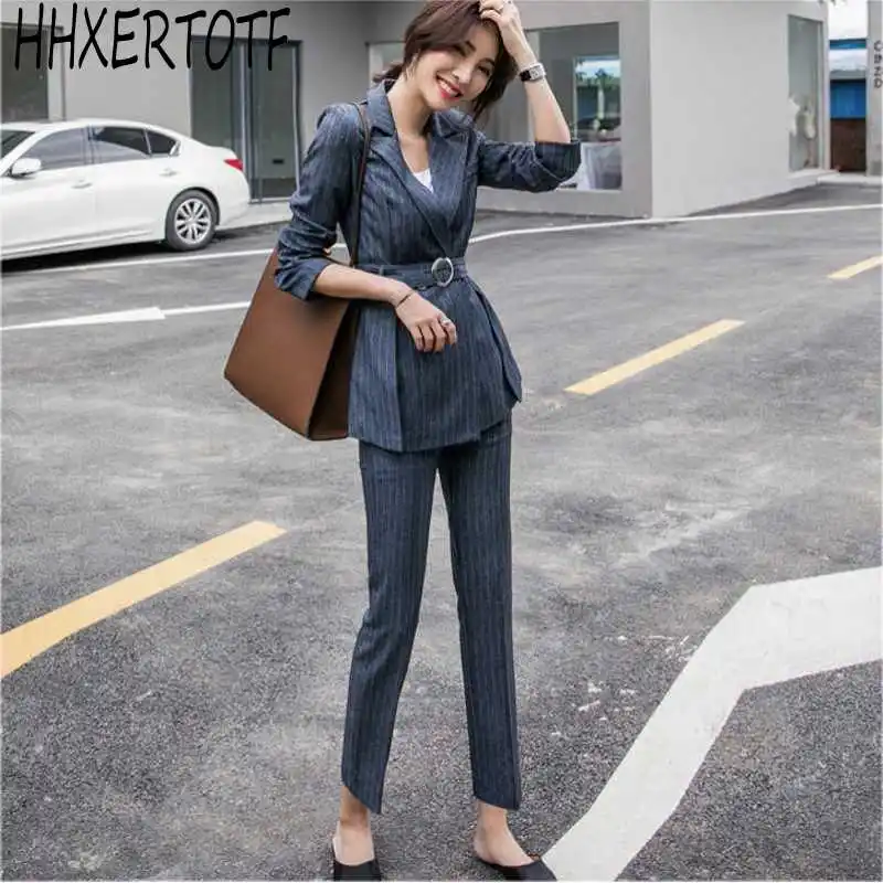 Высокое качество 2020 Осень Зима Формальные куртки и брюки Модные полосатые наборы