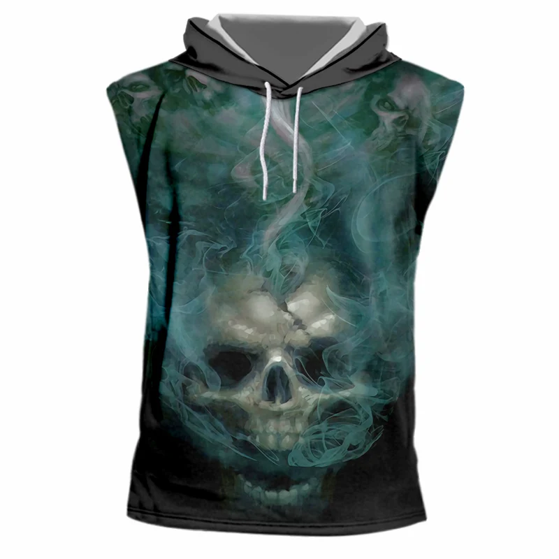 UJWI Dropshipping T-shirts Men Summer Cool Print Smoking Gold Skull Sleeveless Hooded Tshirt Homme Hip Hop Punk Style Undershirt | Мужская