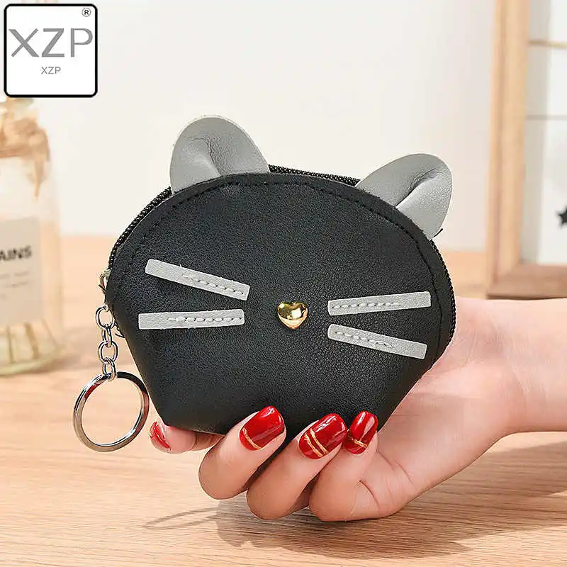 Черный XZP кошка Кошельки для монет для женщин ПУ кошелек маленький милый мультфильм Чехлы для карт и ключей сумка Деньги сумки для девочек Дамская сумочка дети - Цвет: Черный