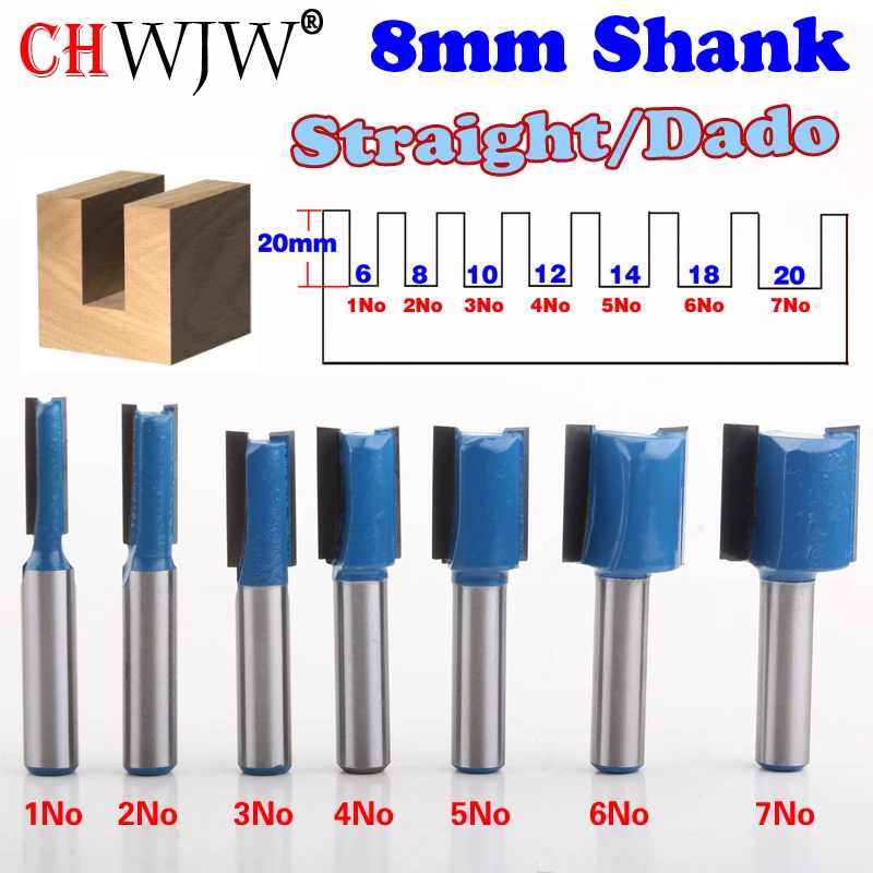 

1-9PC 8mm Shank high quality Straight/Dado Router Bit Set 6,8,10,12,14,18,20mm Diameter Wood Cutting Tool - Chwjw