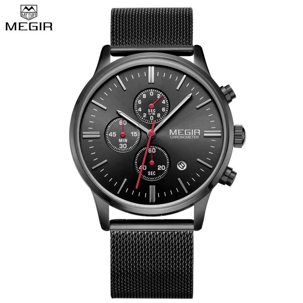 Мужские кварцевые часы MEGIR черные повседневные из нержавеющей стали с сетчатым