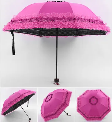 Korea Small Fresh Umbrellas Umbrella Rain Woman Folding Female Princess Sunscreen Lace Sun Umbrella UV Protection Goddess - Цвет: Rose Red
