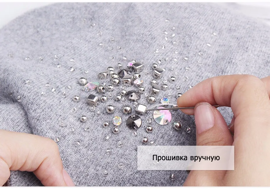 Меховая шерстяная Круглая Шапочка, шапка для женщин, зимние шапки со стразами, двойная подкладка, Вязаная Шапка-бини, меховая шапка с кроликом для леди