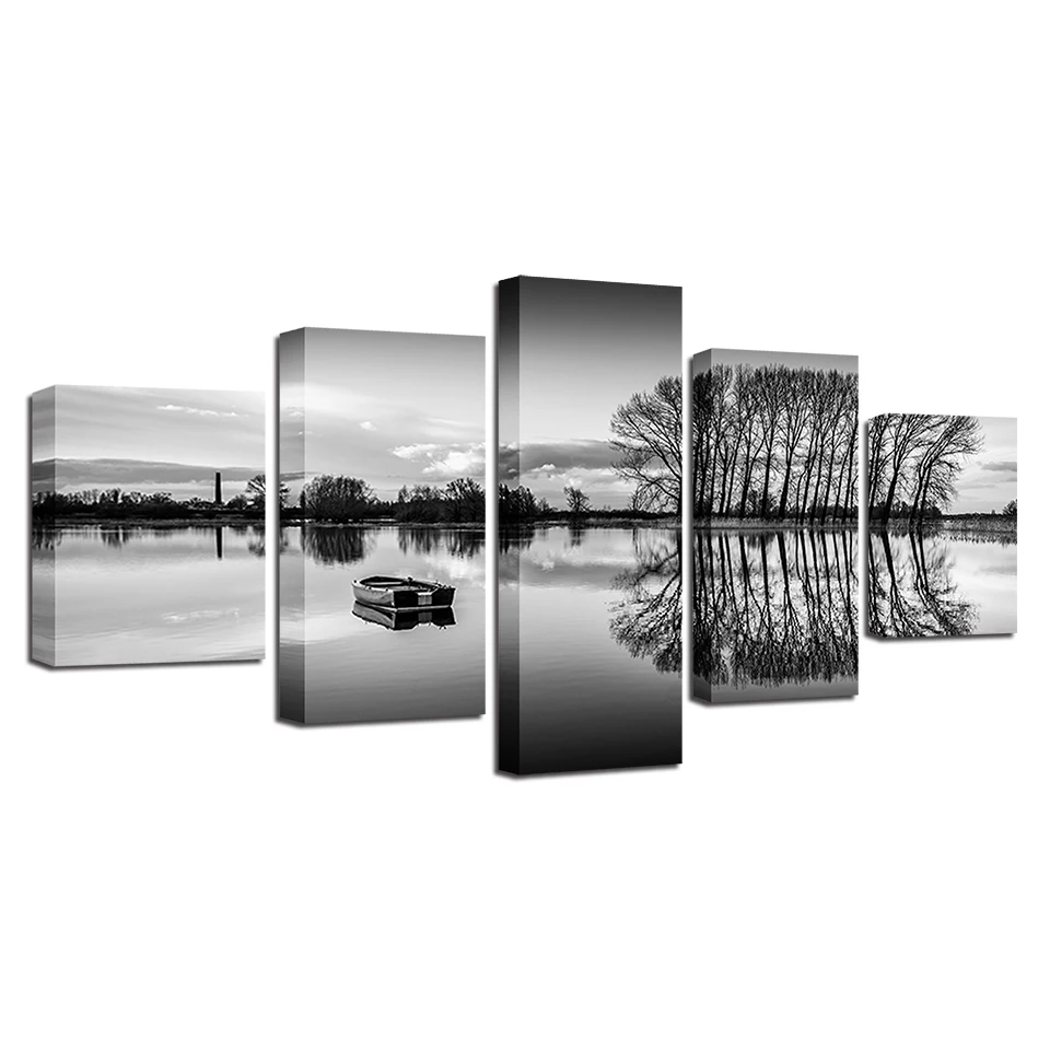 Canvas Painting Art Modular 5 Pieces Black And White Pictures Ship Lake Tree Landscape Poster HD Printing Decor Living Room Wall